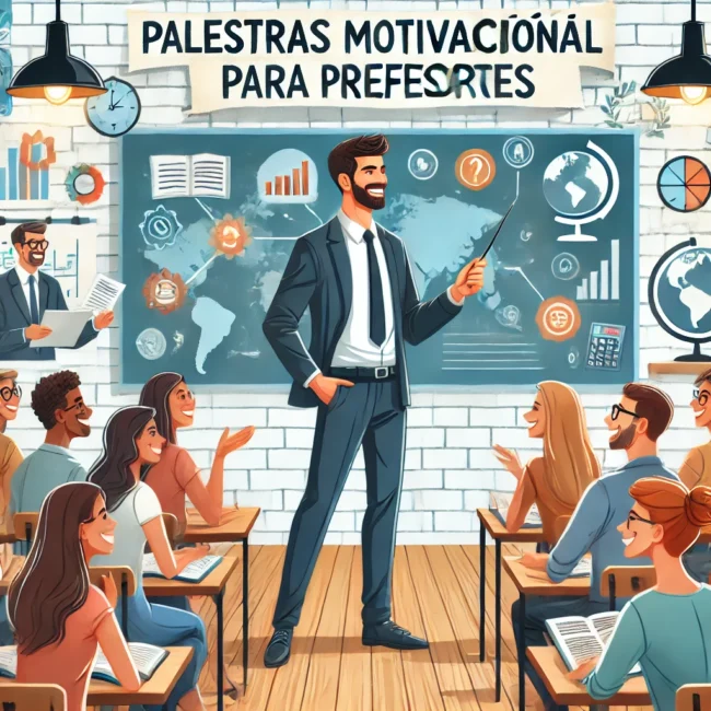 Palestras motivacionais para professores com Janderson Santos. Uma sala de aula com professores engajados assistindo a uma apresentação dinâmica de Janderson Santos. Elementos como mágica e interação são destacados.