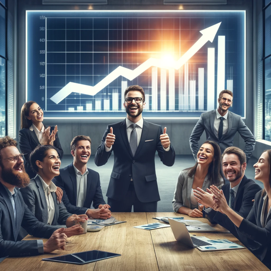 Alta Perfomance em Vendas dall·e 2024 11 29 14.38.56 uma imagem de uma equipe de vendas moderna em um escritório corporativo, com rostos alegres e postura confiante, simbolizando alta performance. no cen
